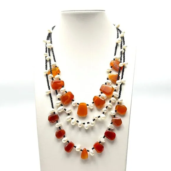 Vintage Three-Strand Carnelian & Cultured Pearl Necklace—Artisan Made — EUC